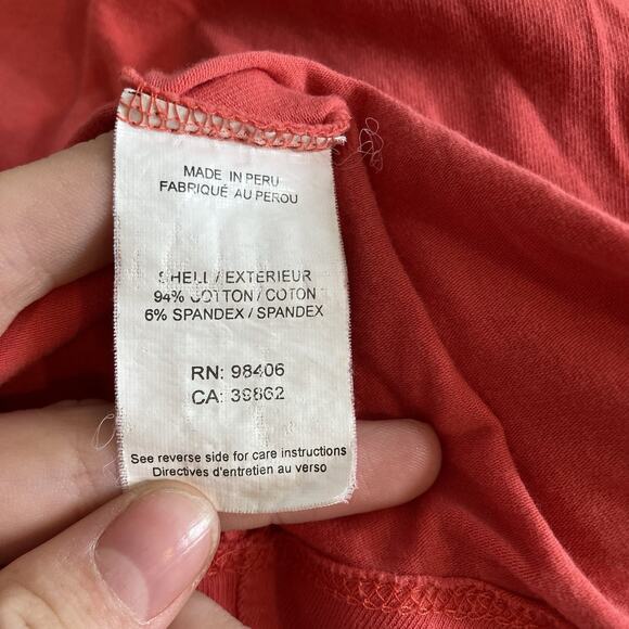 Theory Women's Coral Pink Ruched Cotton V Neck Top Size L Stretchy Draped Basics - Picture 6 of 11